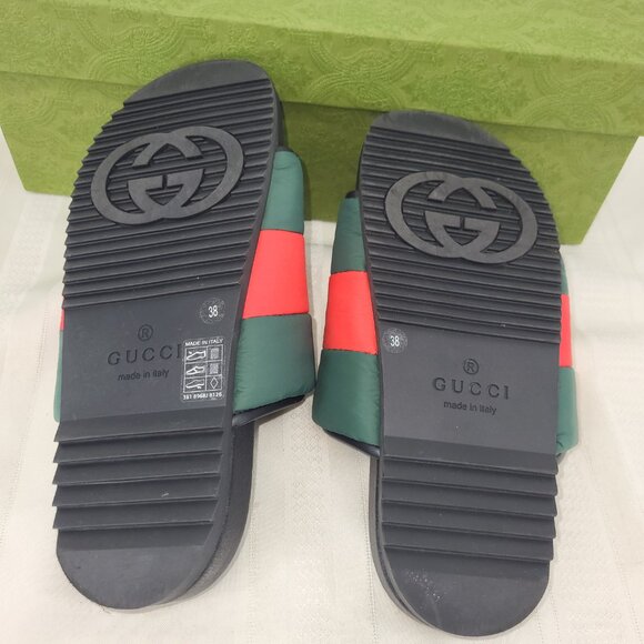 GUCCI PUFFER NYLON WEB SLIDES SANDALS - GREEN/RED -WOMEN’S SZ 38 US 8 - Picture 6 of 10